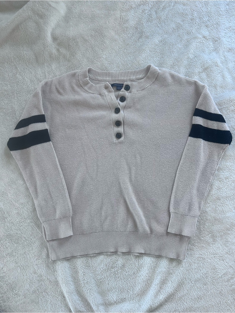American Eagle Collegiate Lightweight Knit Sweater Black Sleeve Stripes